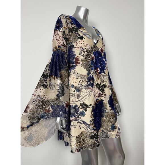 Line & Dot Mini Dress Blue Floral Bell Sleeve Fall Anthropologie M - Picture 2 of 13